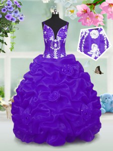 Purple Sleeveless Beading and Pick Ups Floor Length Party Dress for Girls