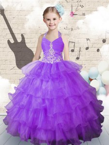 Halter Top Lavender Sleeveless Beading and Ruffled Layers Floor Length Kids Pageant Dress