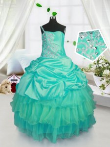 Custom Fit Turquoise Sleeveless Floor Length Beading and Ruffled Layers and Pick Ups Lace Up Little Girl Pageant Dress