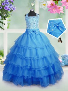 Attractive Ruffled Square Sleeveless Zipper Little Girl Pageant Dress Baby Blue Organza