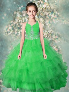 Dazzling Halter Top Green Zipper Party Dress Beading and Ruffled Layers Sleeveless Floor Length