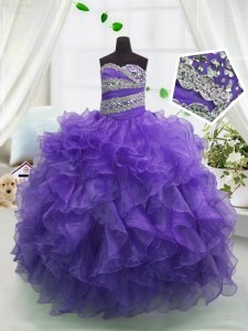 Sweetheart Sleeveless Organza Girls Pageant Dresses Beading and Ruffles Lace Up