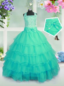 Ruffled Ball Gowns Party Dress Turquoise Square Organza Sleeveless Floor Length Lace Up