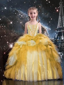 Dramatic Gold Lace Up Little Girls Pageant Dress Beading and Ruffled Layers Sleeveless Floor Length