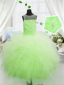 Customized Scoop Yellow Green Tulle Zipper Little Girls Pageant Dress Sleeveless Floor Length Beading and Appliques