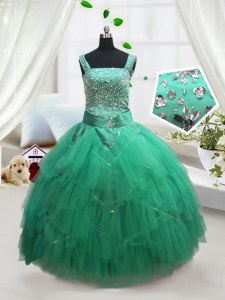 Exquisite Sleeveless Tulle Floor Length Lace Up Girls Pageant Dresses in Turquoise with Beading and Ruffles