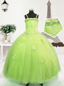 Yellow Green Tulle Zipper Spaghetti Straps Sleeveless Floor Length Little Girls Pageant Gowns Beading and Appliques
