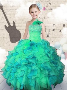 Exquisite One Shoulder Floor Length Ball Gowns Sleeveless Turquoise Kids Formal Wear Lace Up
