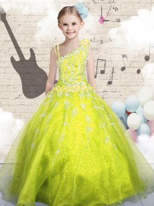 Sleeveless Floor Length Beading and Appliques and Hand Made Flower Lace Up Pageant Gowns For Girls with Yellow Green