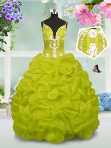 Best Yellow Green Ball Gowns Beading and Pick Ups Little Girls Pageant Gowns Lace Up Taffeta Sleeveless Floor Length