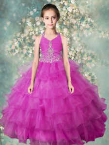 Fuchsia Ball Gowns Organza Halter Top Sleeveless Beading and Ruffled Layers Floor Length Zipper Party Dress for Toddlers