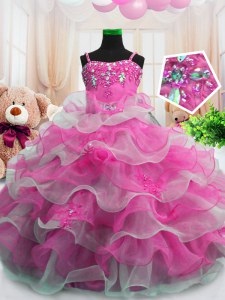 Hot Pink Ball Gowns Organza Spaghetti Straps Sleeveless Beading and Ruffled Layers Floor Length Zipper Kids Pageant Dress