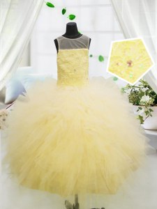 Latest Scoop Sleeveless Juniors Party Dress Floor Length Beading and Appliques Light Yellow Tulle