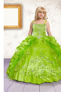 Discount Spaghetti Straps Sleeveless Kids Formal Wear Floor Length Beading and Appliques and Pick Ups Apple Green Satin
