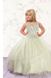 Strapless Sleeveless Kids Pageant Dress Floor Length Beading Apple Green Tulle