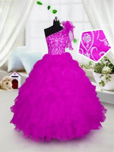Admirable One Shoulder Organza Short Sleeves Floor Length Little Girl Pageant Dress and Appliques and Ruffles