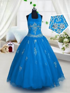 Halter Top Sleeveless Floor Length Appliques Lace Up Pageant Gowns For Girls with Aqua Blue