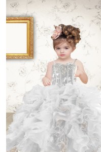 Sweet Sleeveless Organza Floor Length Lace Up Kids Formal Wear in Grey with Beading and Ruffles and Sequins