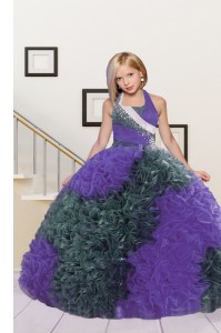 Eggplant Purple Halter Top Neckline Beading and Ruffles Juniors Party Dress Sleeveless Lace Up