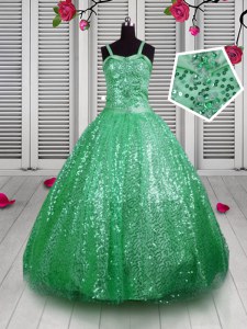 Sleeveless Sequined Floor Length Lace Up Little Girls Pageant Gowns in Green with Sequins