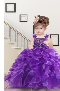 Purple Ball Gowns Straps Sleeveless Organza Floor Length Lace Up Beading and Ruffles Juniors Party Dress