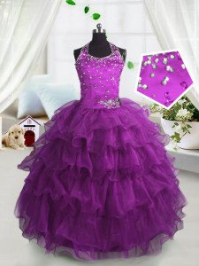 Beautiful Scoop Sleeveless Floor Length Beading and Ruffled Layers Lace Up Little Girl Pageant Gowns with Fuchsia