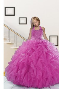 Halter Top Pink Ball Gowns Beading and Ruffles Little Girls Pageant Dress Lace Up Organza Sleeveless Floor Length
