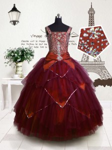 High Class Floor Length Fuchsia Party Dress Wholesale Tulle Sleeveless Beading and Belt