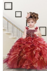 Beading and Ruffles Little Girl Pageant Gowns Watermelon Red Lace Up Sleeveless Floor Length