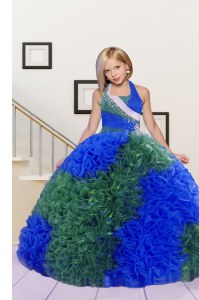 Halter Top Sleeveless Fabric With Rolling Flowers Floor Length Lace Up Pageant Gowns For Girls in Blue and Dark Green with Beading and Ruffles