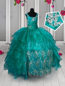 Custom Fit Sleeveless Floor Length Appliques and Ruffled Layers Lace Up Womens Party Dresses with Turquoise