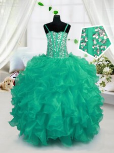 New Arrival Spaghetti Straps Sleeveless Juniors Party Dress Floor Length Beading and Ruffles Turquoise Organza