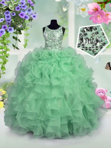 Apple Green Organza Zipper Scoop Sleeveless Floor Length Little Girls Pageant Gowns Ruffles and Sequins
