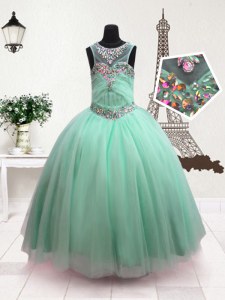 Latest Scoop Turquoise Sleeveless Floor Length Beading Zipper Pageant Gowns For Girls