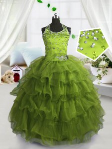Perfect Ruffled Floor Length Olive Green Pageant Gowns For Girls Scoop Sleeveless Lace Up