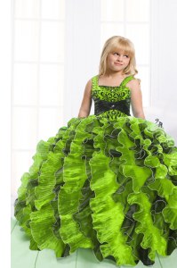 Amazing Straps Sleeveless Child Pageant Dress Floor Length Beading and Ruffles Yellow Green Organza
