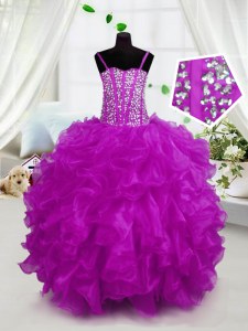 Customized Spaghetti Straps Sleeveless Little Girls Pageant Dress Floor Length Beading and Ruffles Hot Pink Organza