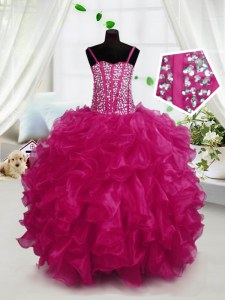 Beading and Ruffles Kids Formal Wear Hot Pink Lace Up Sleeveless Floor Length