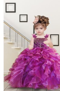 Customized Mermaid Organza Straps Sleeveless Lace Up Beading and Ruffles Pageant Gowns For Girls in Fuchsia