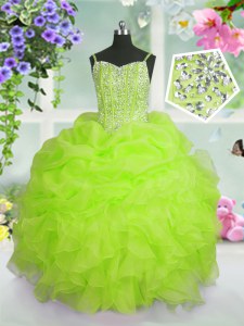 Adorable Yellow Green Spaghetti Straps Neckline Beading and Ruffles and Pick Ups Party Dress for Girls Sleeveless Lace Up