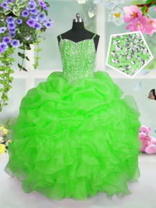 Stylish Floor Length Apple Green Pageant Gowns For Girls Organza Sleeveless Beading and Ruffles and Pick Ups