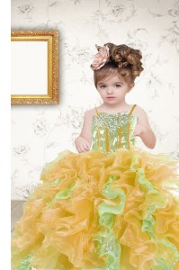 Fancy Spaghetti Straps Sleeveless Little Girl Pageant Gowns Floor Length Beading and Ruffles and Sequins Multi-color Organza