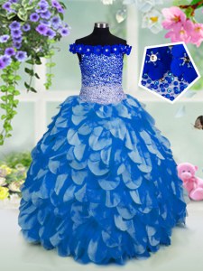 Off the Shoulder Floor Length Lace Up Party Dress for Girls Blue for Party and Wedding Party with Beading and Sashes ribbons and Sequins