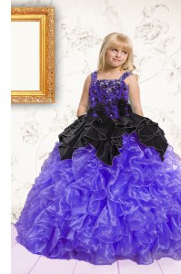 Great Sleeveless Floor Length Beading and Ruffles Lace Up Little Girl Pageant Gowns with Black and Purple