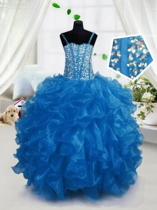 Low Price Sleeveless Organza Floor Length Lace Up Kids Formal Wear in Blue with Beading and Ruffles