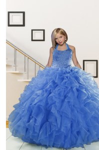 Latest Blue Organza Lace Up Halter Top Sleeveless Floor Length Girls Pageant Dresses Beading and Ruffles