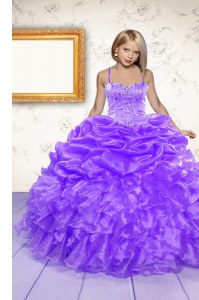 Custom Designed Eggplant Purple Lace Up Teens Party Dress Beading and Ruffles and Pick Ups Sleeveless Floor Length