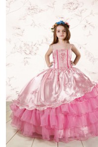 Elegant Floor Length Lace Up Party Dress for Toddlers Rose Pink for Party and Wedding Party with Embroidery and Ruffled Layers