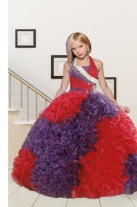 Red and Purple Halter Top Lace Up Beading and Ruffles Girls Pageant Dresses Sleeveless