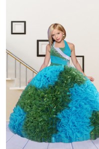 Baby Blue and Green Fabric With Rolling Flowers Lace Up Halter Top Sleeveless Floor Length Pageant Gowns For Girls Beading and Ruffles